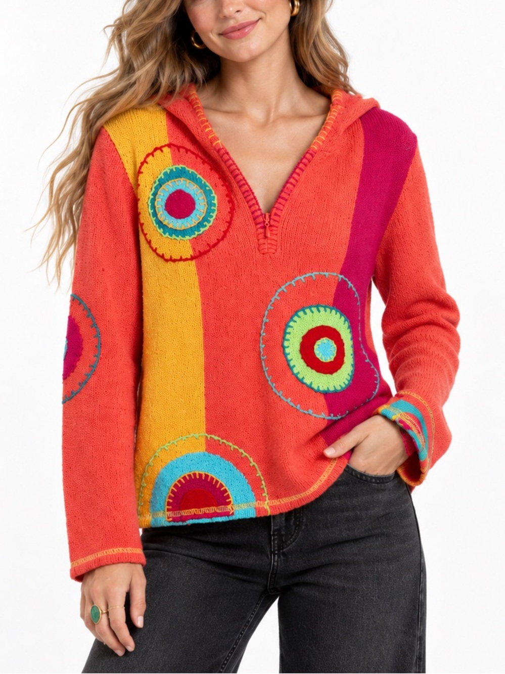 Timberlea M Colorblock Circle Applique Hooded Knit Sweater Stitching Patchwork